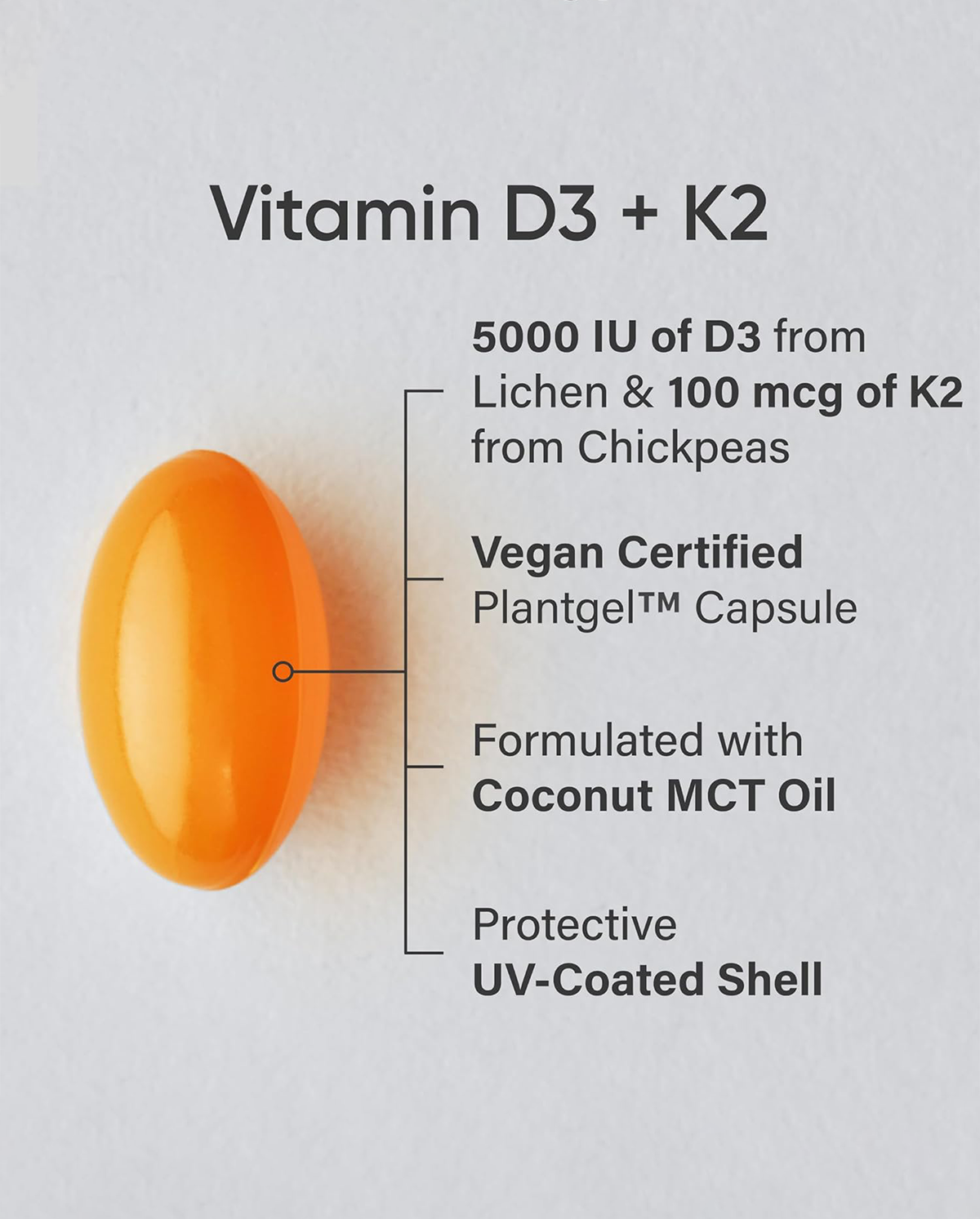 Vitamin D3 + K2 Vegan Softgel Capsules – Supports Bone & Immune Function