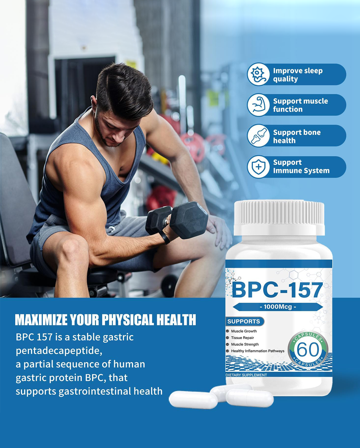 BPC-157 Peptide Capsules 1000mcg – Supports Muscle Recovery, Tissue Repair & Strength
