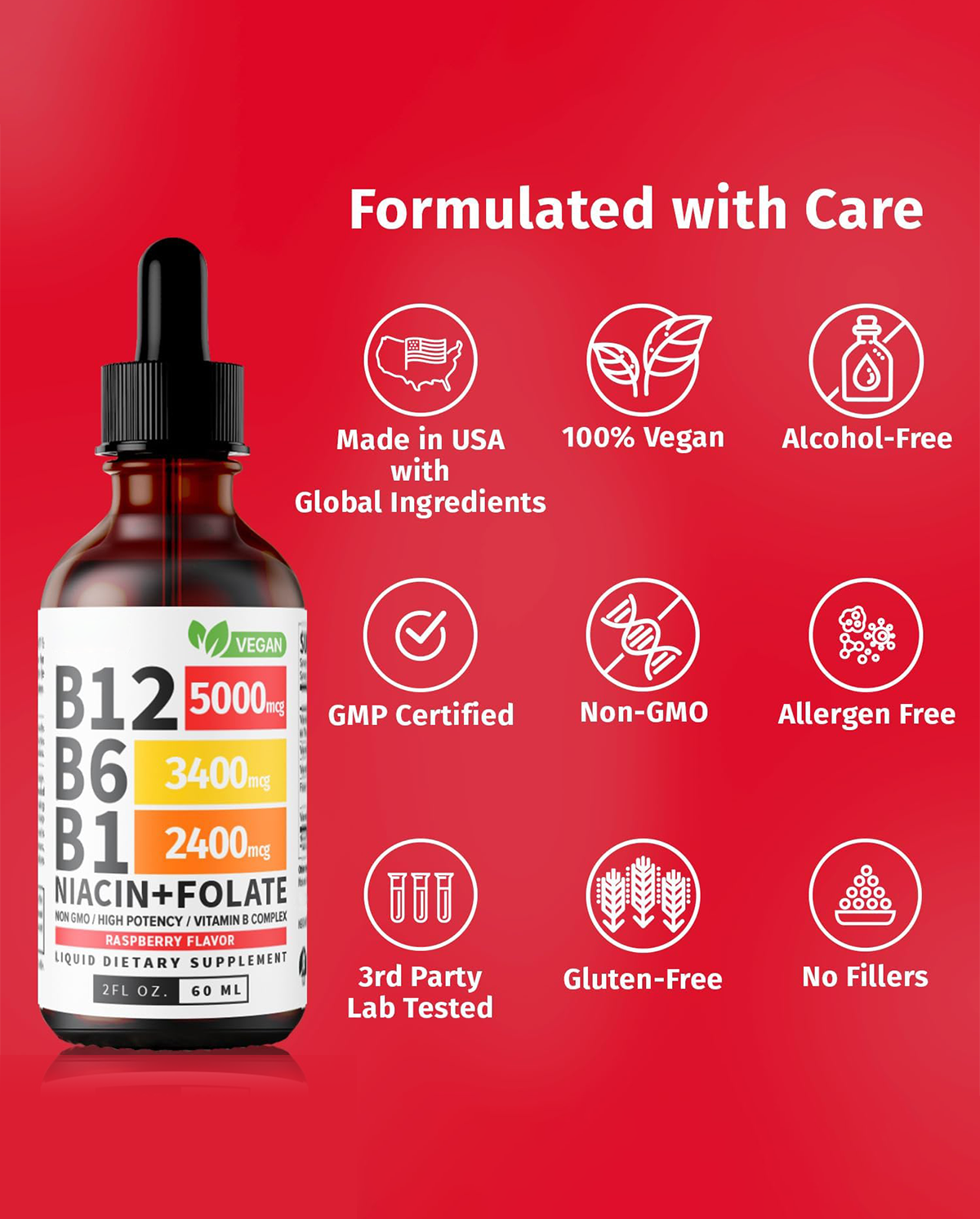 Vitamin B12, B6 & B1 Drops – Raspberry Flavor Liquid Supplement
