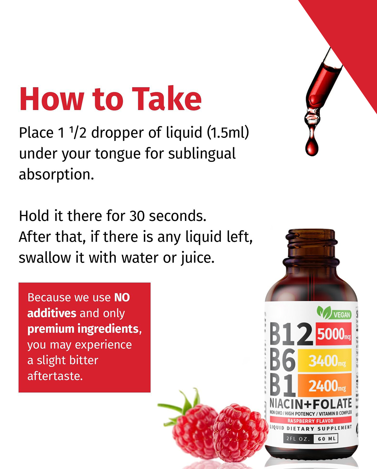 Vitamin B12, B6 & B1 Drops – Raspberry Flavor Liquid Supplement