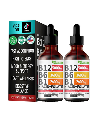 Vitamin B12, B6 & B1 Drops – Raspberry Flavor Liquid Supplement