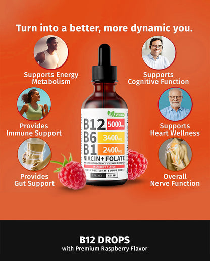 Vitamin B12, B6 & B1 Drops – Raspberry Flavor Liquid Supplement