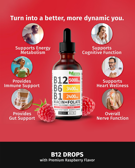 Vitamin B12, B6 & B1 Drops – Raspberry Flavor Liquid Supplement