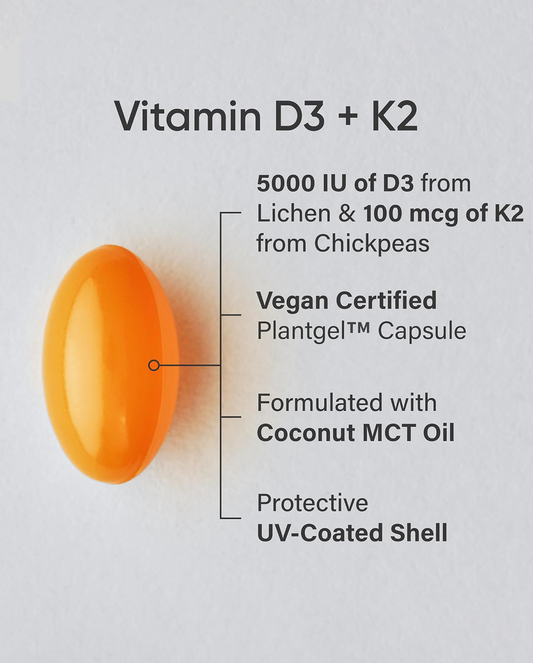Vitamin D3 + K2 Vegan Softgel Capsules – Supports Bone & Immune Function