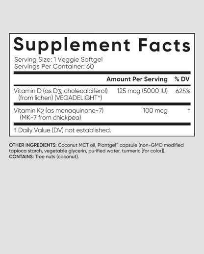 Vitamin D3 + K2 Vegan Softgel Capsules – Supports Bone & Immune Function