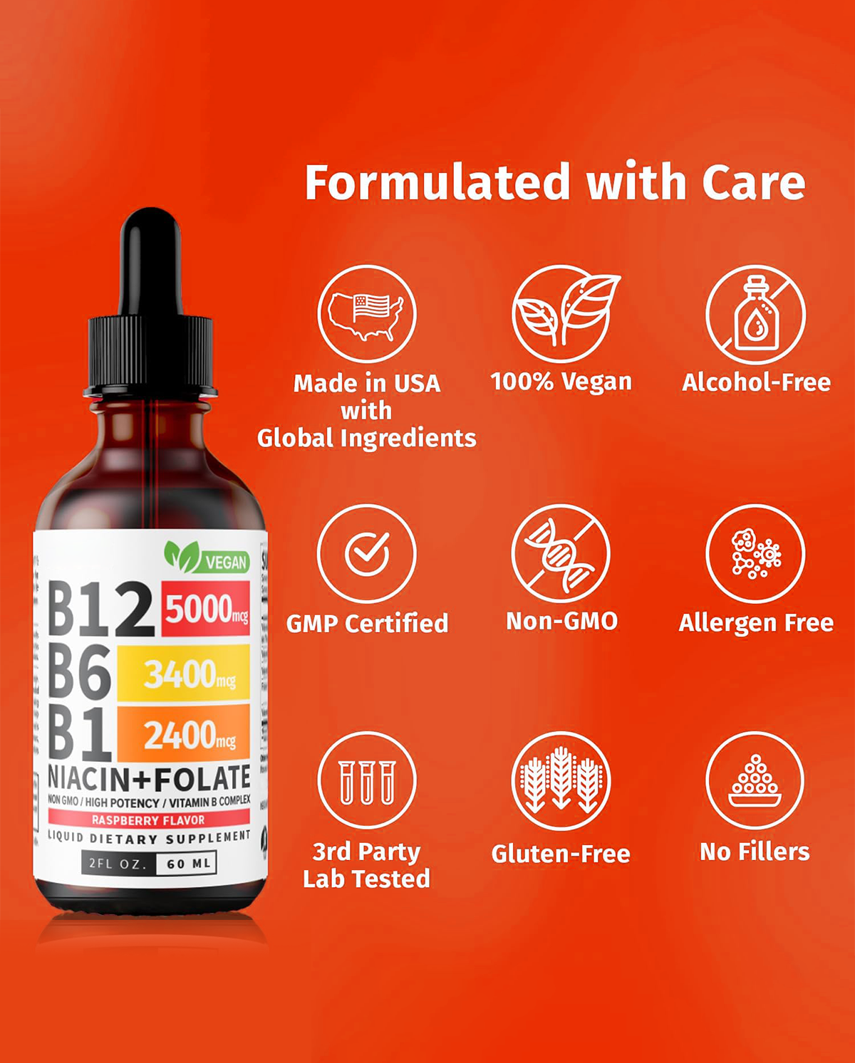 Vitamin B12, B6 & B1 Drops – Raspberry Flavor Liquid Supplement