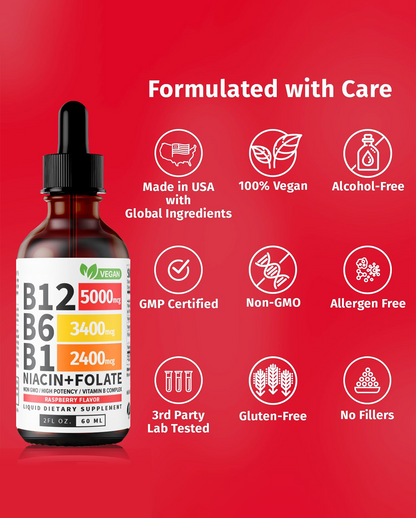 Vitamin B12, B6 & B1 Drops – Raspberry Flavor Liquid Supplement
